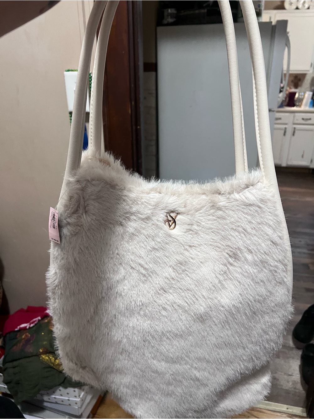 Faux Fur Shoulder Bag in Light Beige